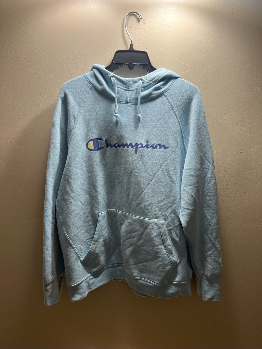 Champion Light Blue Crewneck Hoodie with Script Logo